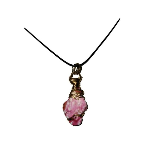 Artisan Wire Wrapped Gold Necklace with Pink Stone on Black Cord w/ Lobster Claw - Picture 1 of 3
